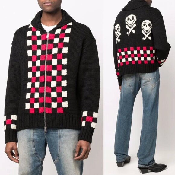 $560 NWT Andersson Bell Black Argyle Skull Full Zip Sweater unisex size Medium